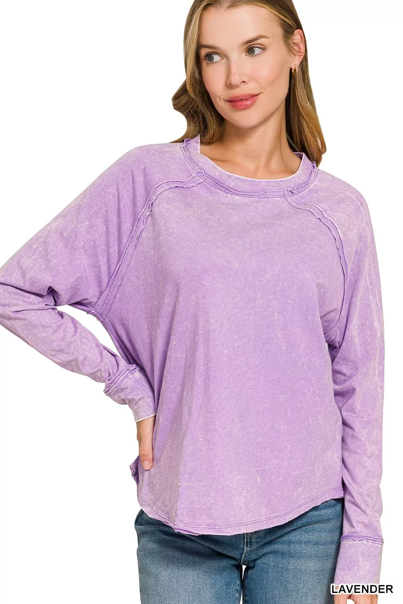 Zenana Washed Round Neck Long Sleeve Top, image 2