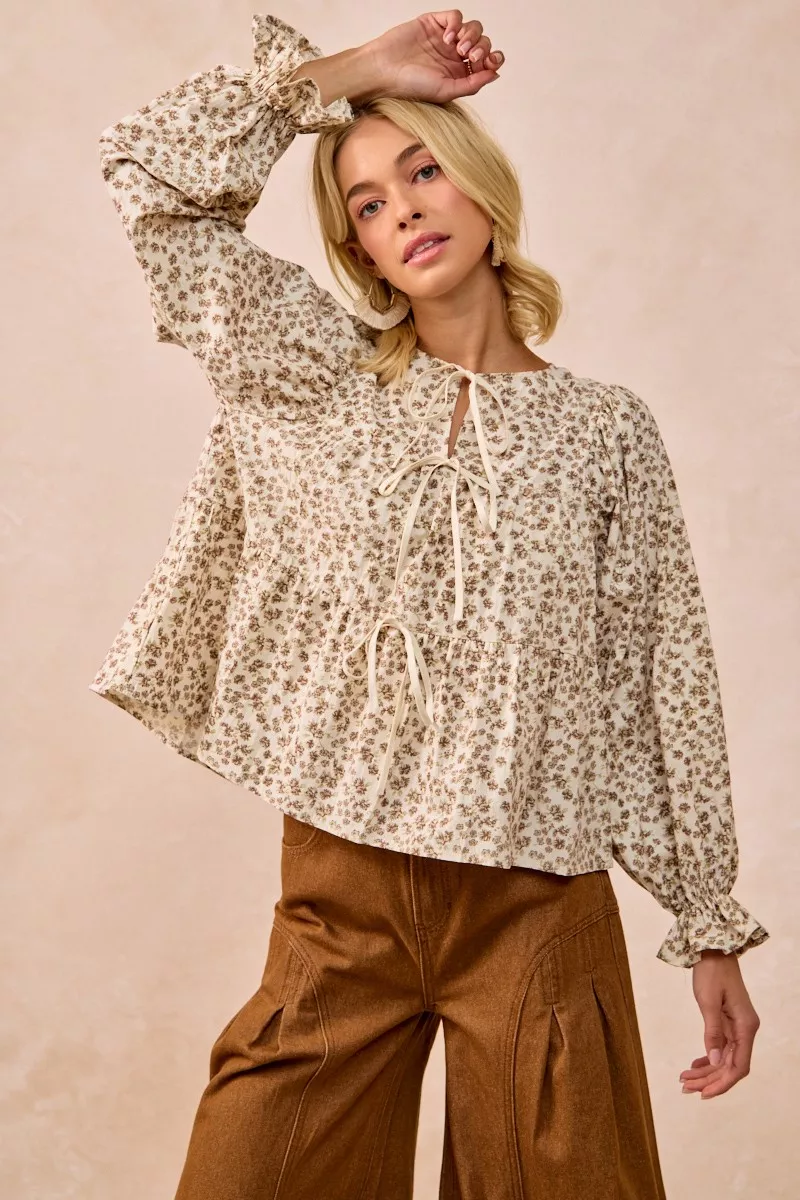 Floral Printed Peplum Blouse with Shirring and Tied
