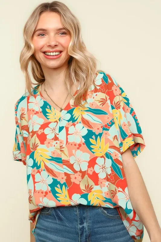V Neck Drop Shoulder Hawaiian Woven Top