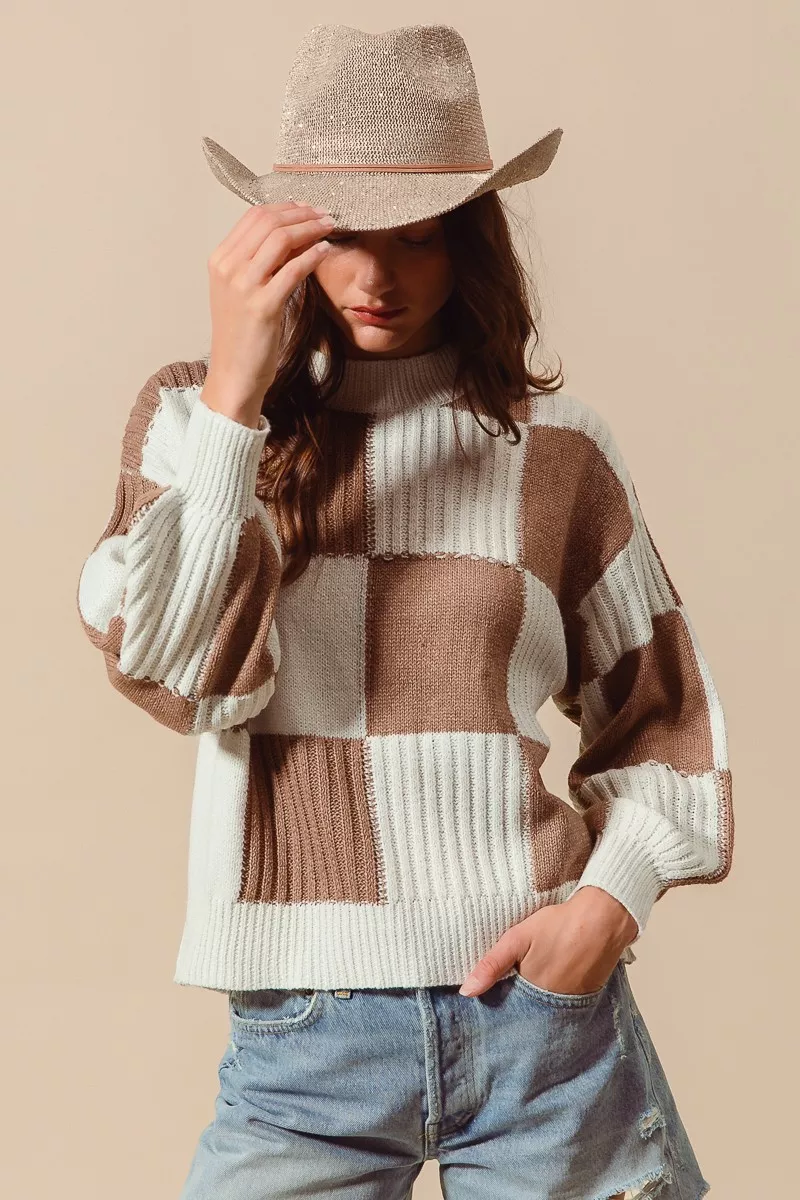 Ribbed Color Block Checkered Plaid Sweater, image 5