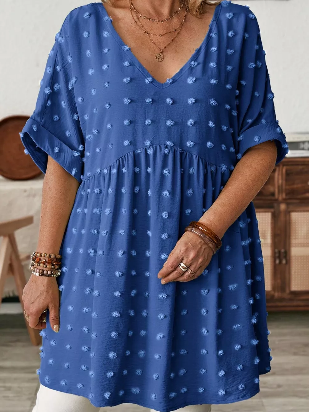 Plus Size Swiss Dot V-Neck Casual Blouse, image 38