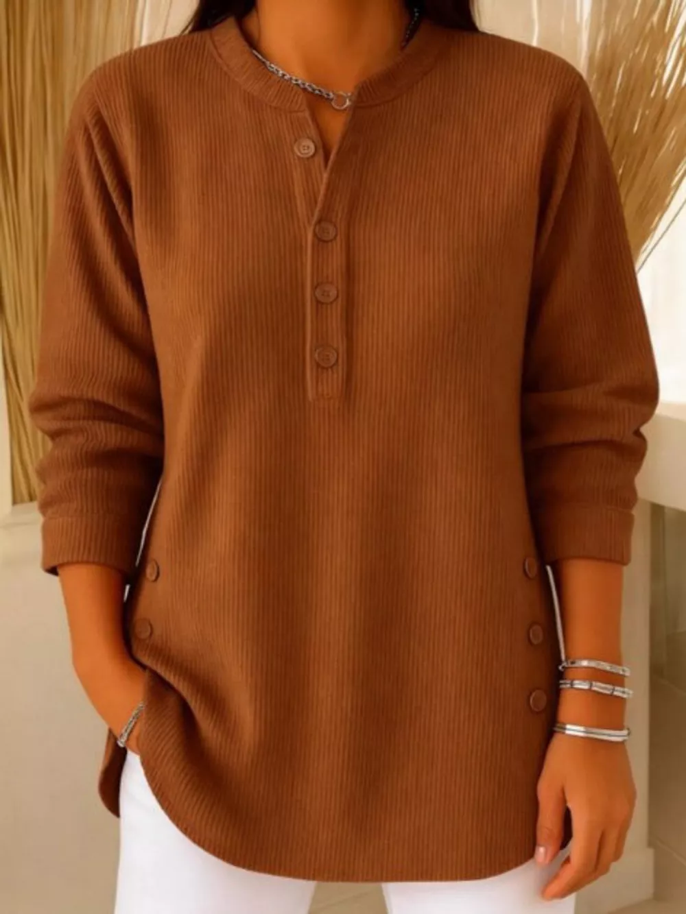 Full Size Button Detail Long Sleeve Top Plus Size, image 53