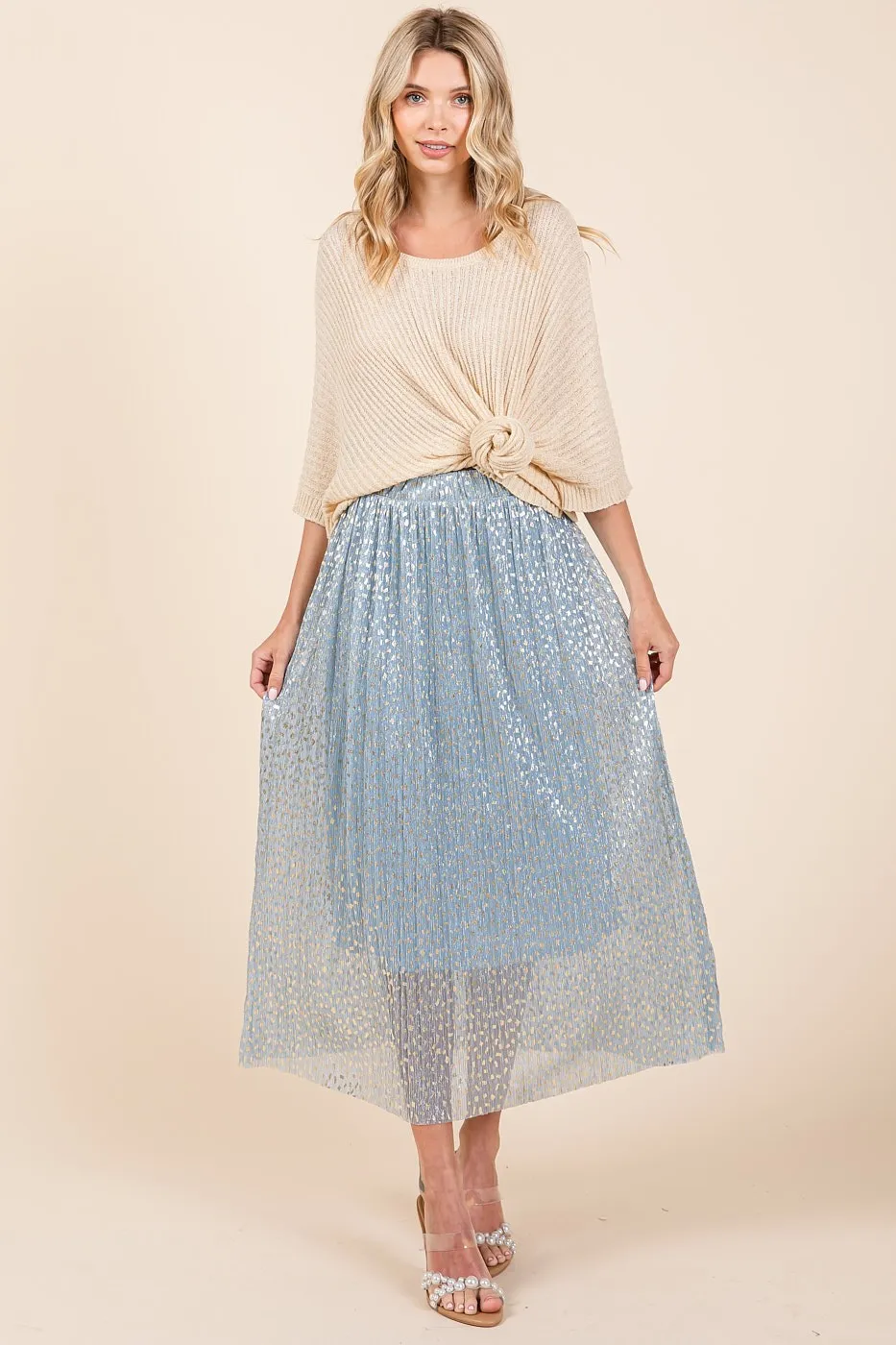 Metallic Glitter Speckle Print Elastic Midi Skirt, image 6