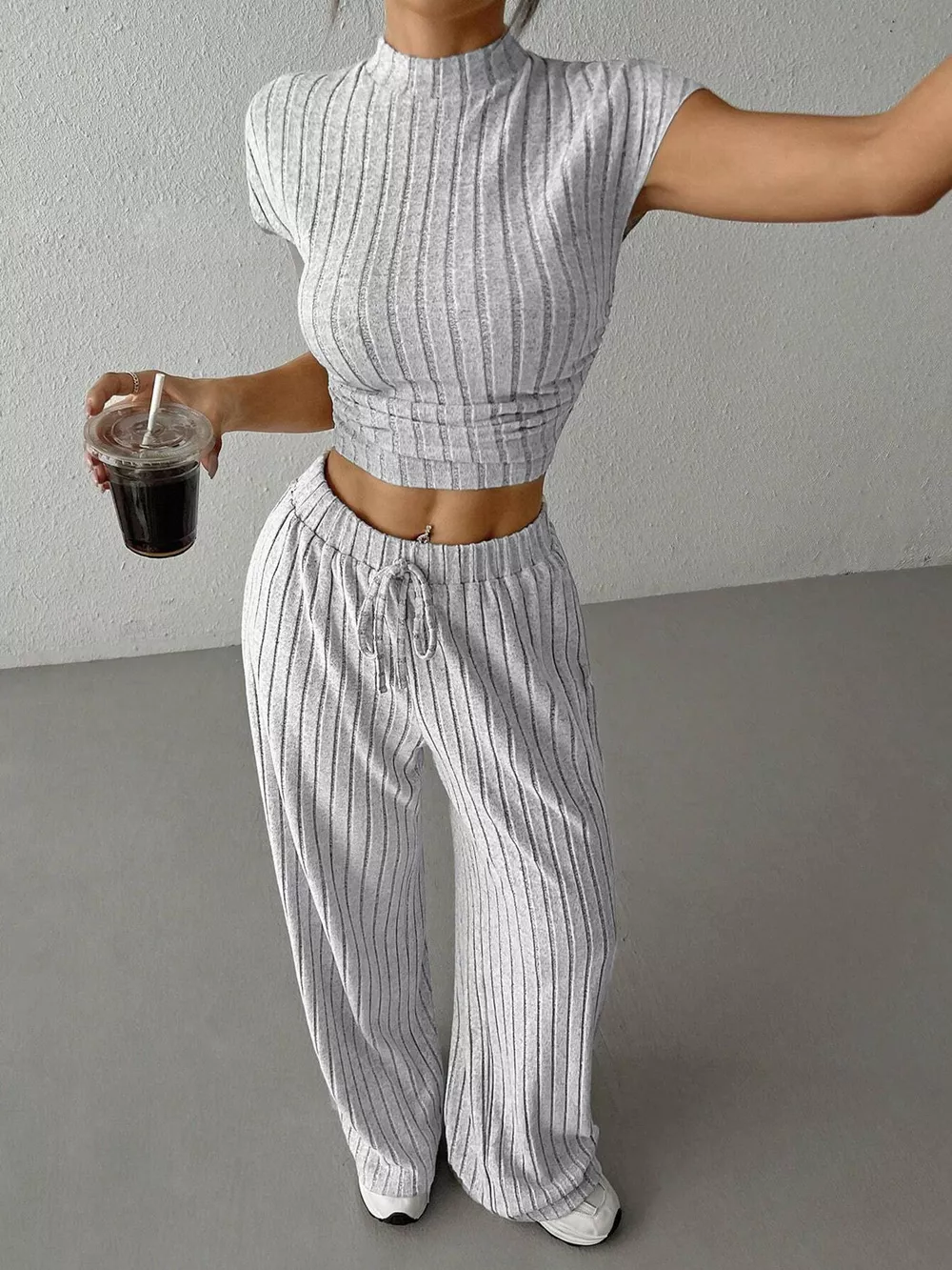 Ribbed Knit Top and Wide Leg Pants Set, image 2