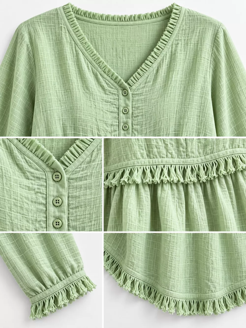Full Size Fringed Trim V-Neck Long Sleeve Blouse Plus Size, image 78