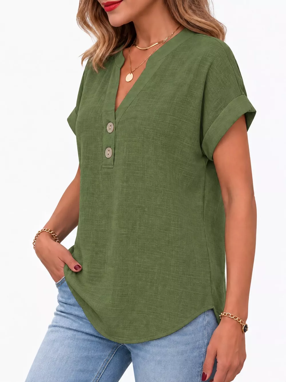 Full Size Button Detail Short Sleeve Blouse Plus Size, image 57