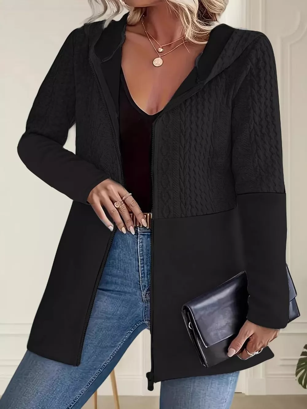 Full Size Textured Hooded Zip-Up Jacket Plus Size, image 4