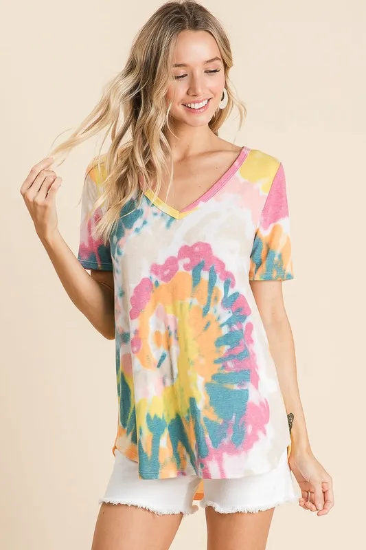 Circular Tie Dye Print V Neck Top