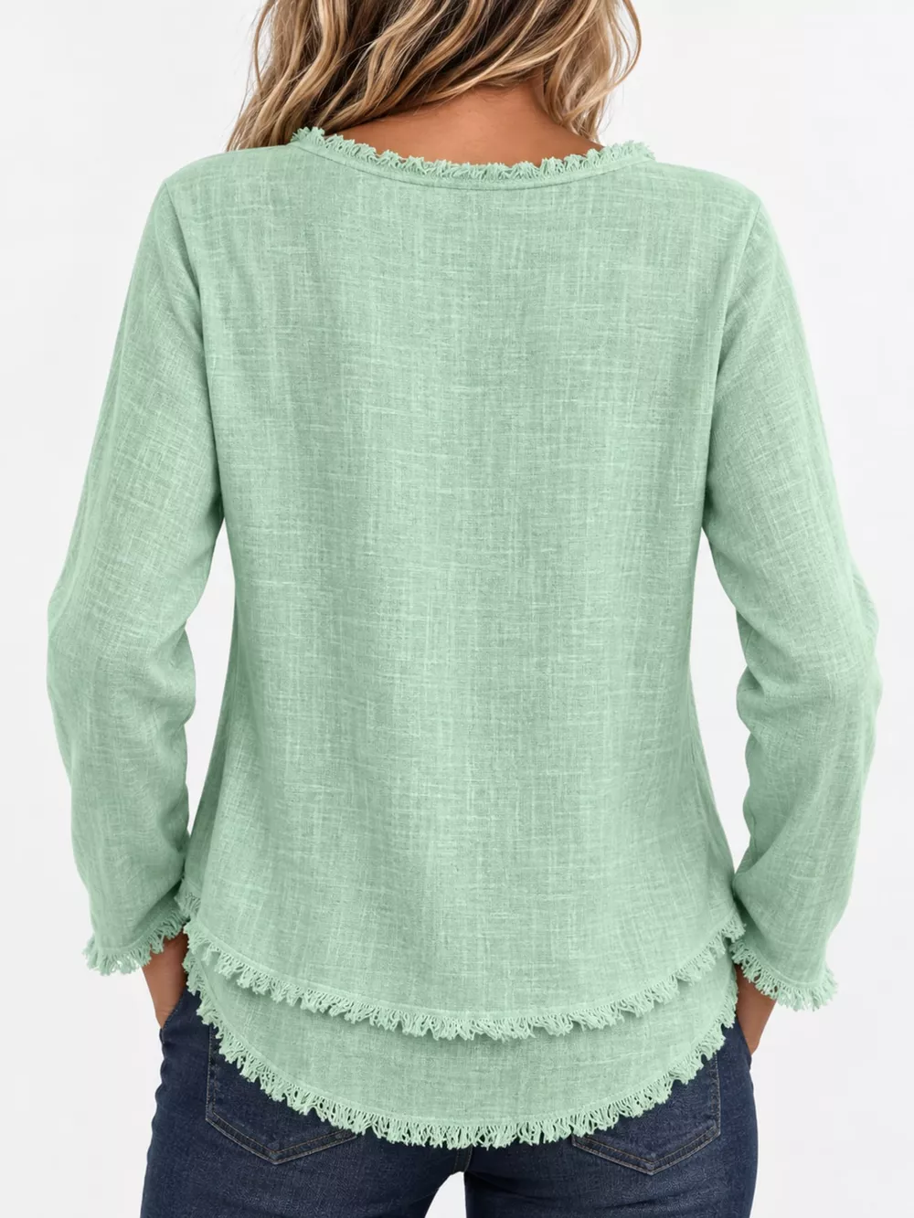 Full Size Frayed Hem V-Neck Long Sleeve Blouse Plus Size, image 59