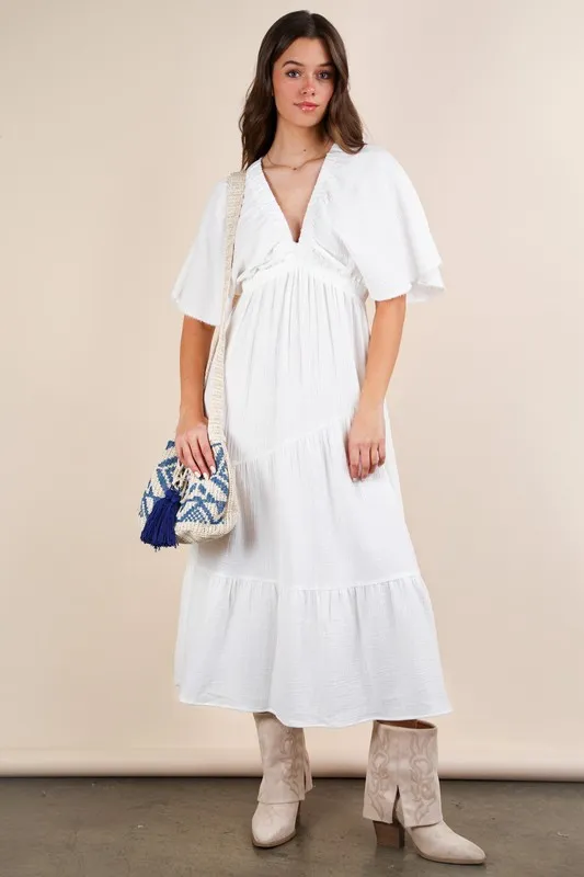 Mineral Washed Elastic Neck Detail Midi Dress