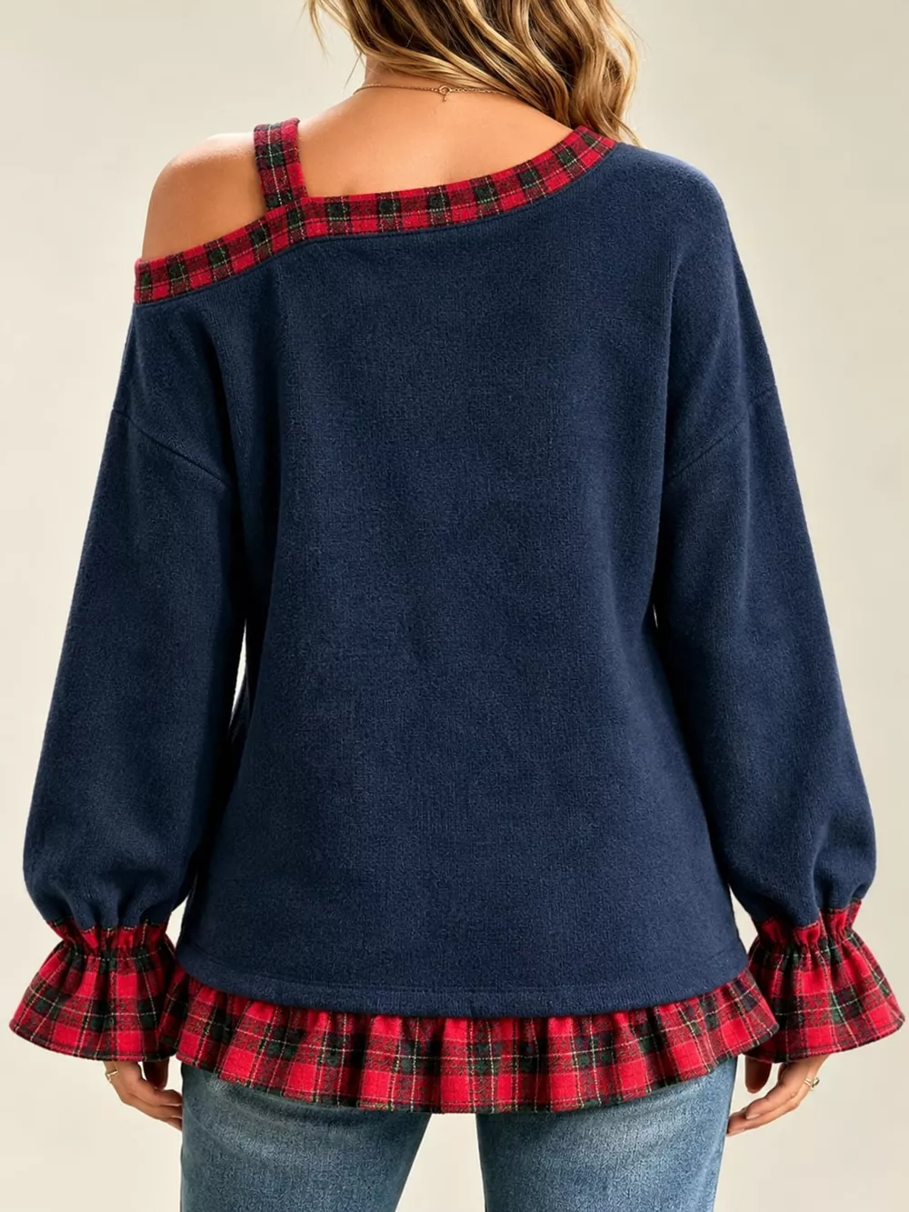 Full Size Plaid Ruffled Hem Asymmetrical Neck Sweatshirt Plus Size, image 20