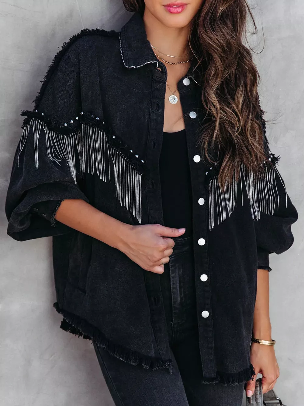 Full Size Fringe Embellished Washed Denim Jacket Plus Size