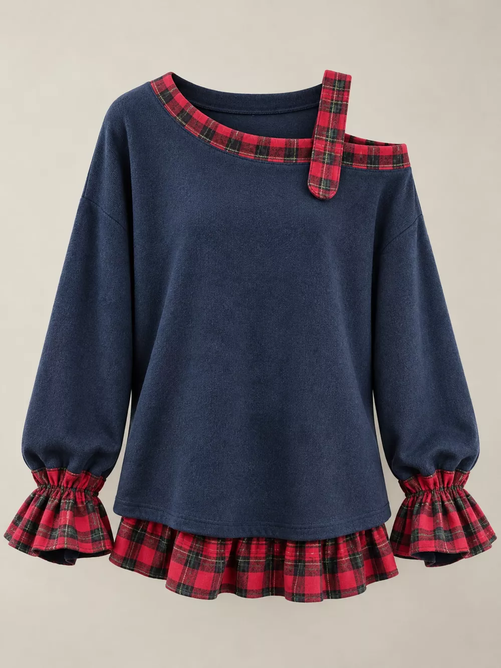 Full Size Plaid Ruffled Hem Asymmetrical Neck Sweatshirt Plus Size, image 22
