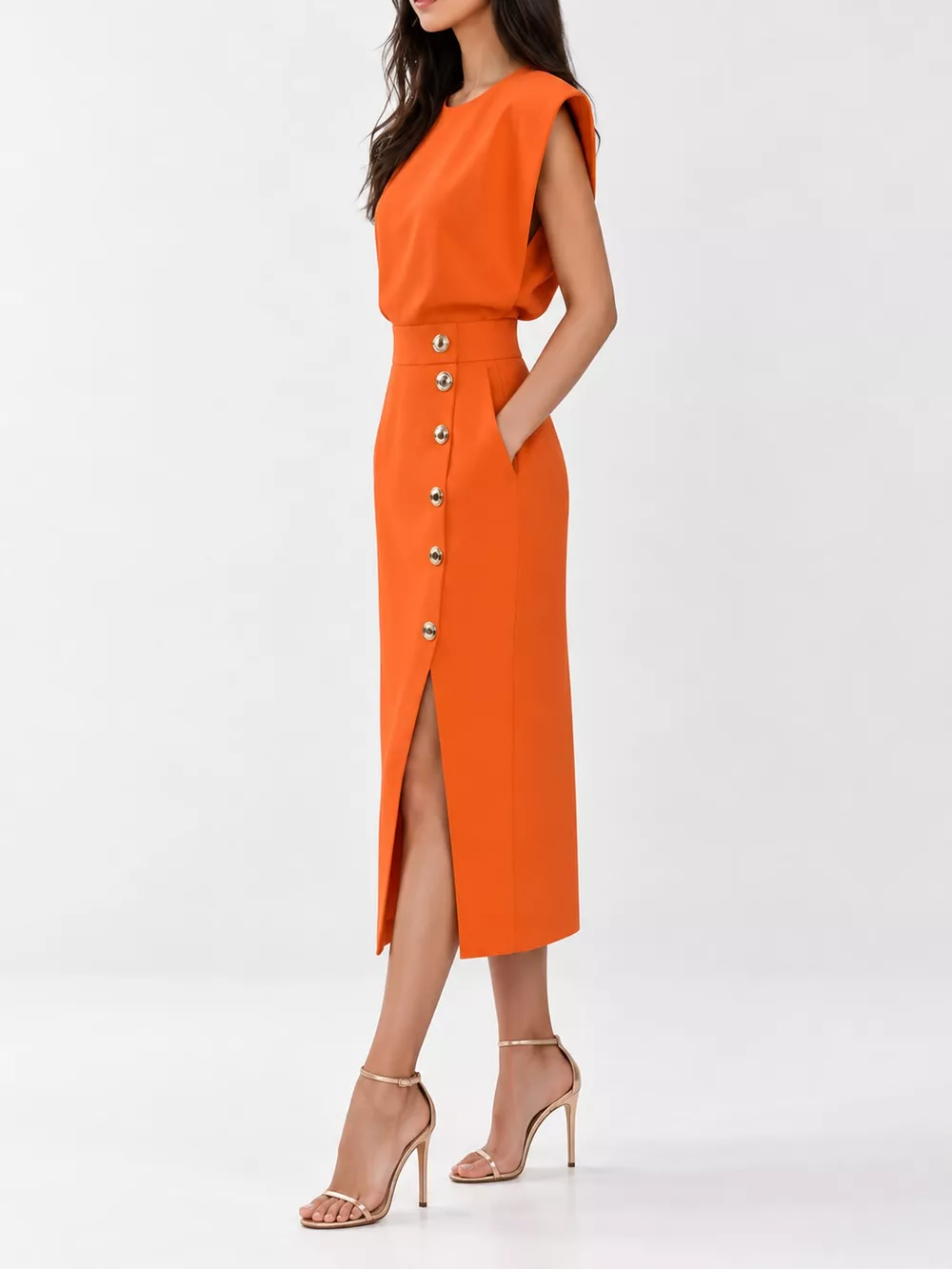Sleeveless Midi Dress with Gold Button Detail and Side Slit, image 37