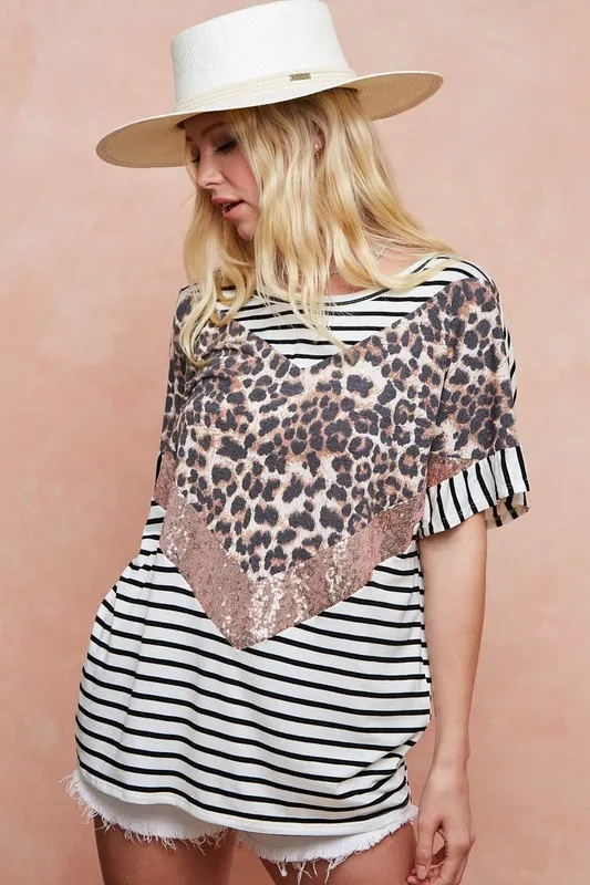 Stripe Rayon Span Knit Color Block Top With Leopard, image 17
