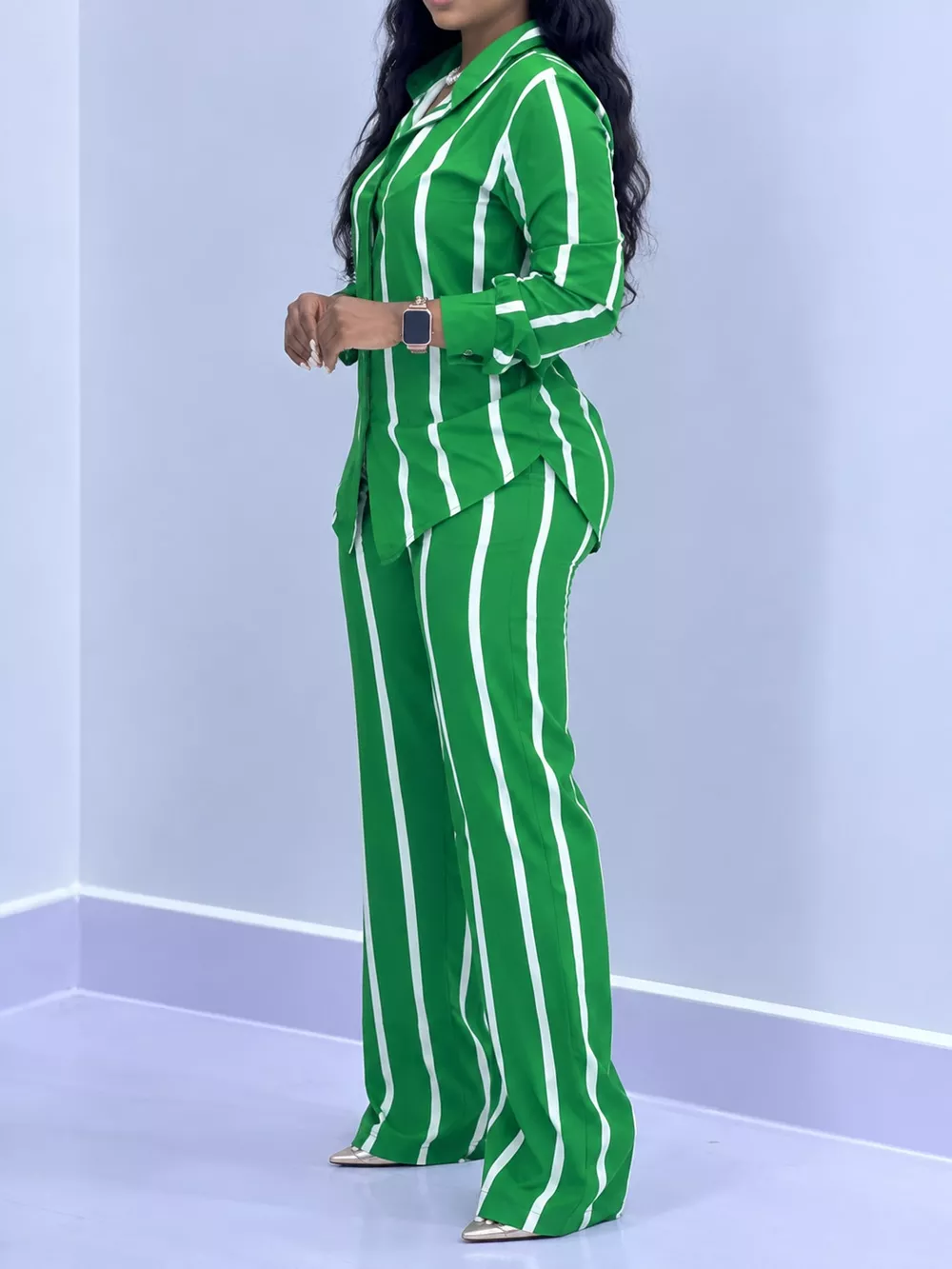 Striped Button-Down Shirt and Wide-Leg Pants Two-Piece Set, image 17