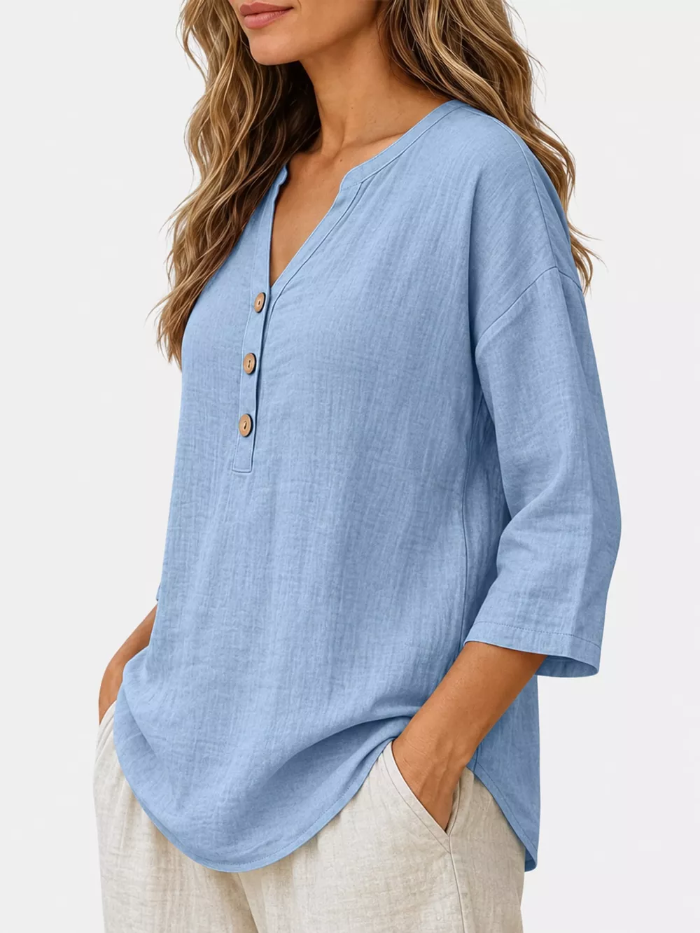 Full Size Button Detail Notched 3/4 Sleeve Blouse Plus Size, image 22