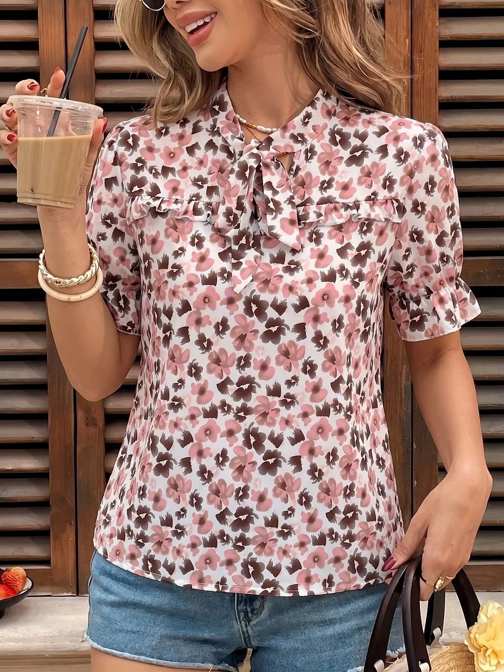 Floral Print Tie Neck Ruffle Blouse, image 3