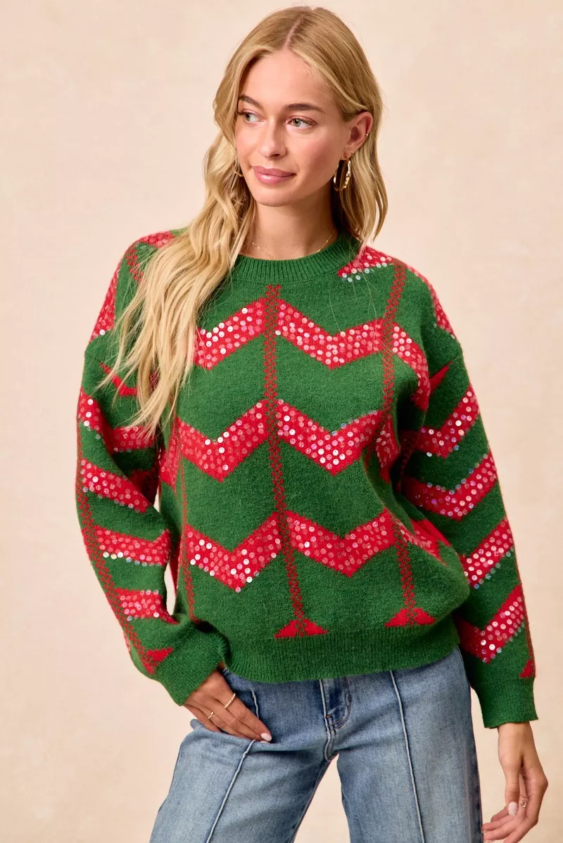 Christmas Theme Chevron Sequins Detail Sweater, image 8