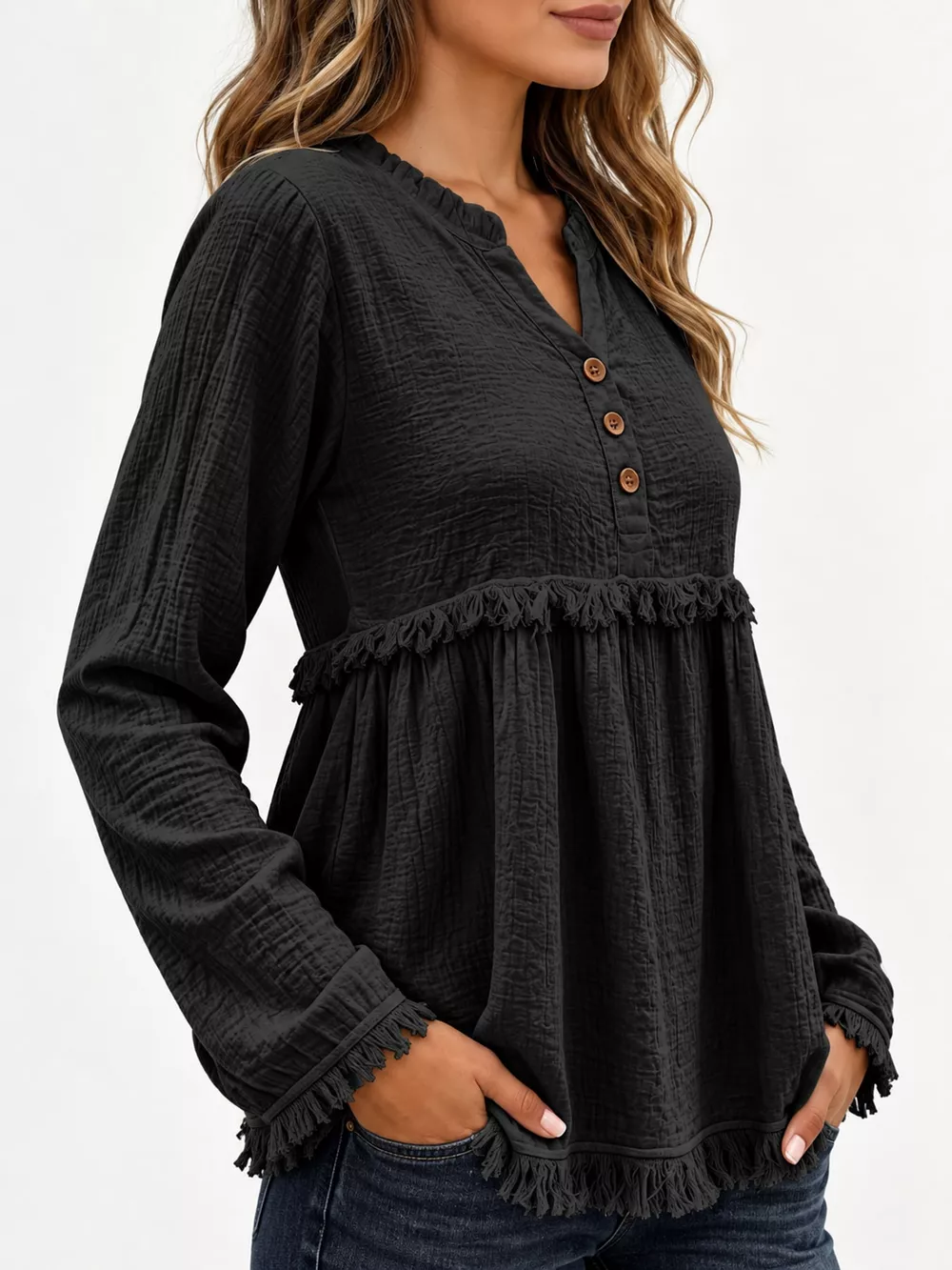Full Size Frayed Hem Button Detail Blouse Plus Size, image 7