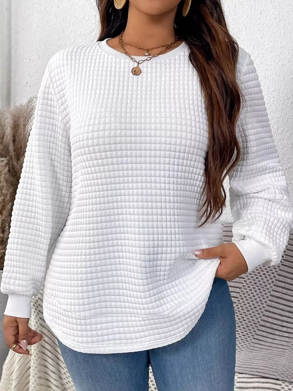 Plus Size Textured Waffle Knit Crew Neck Sweatshirt