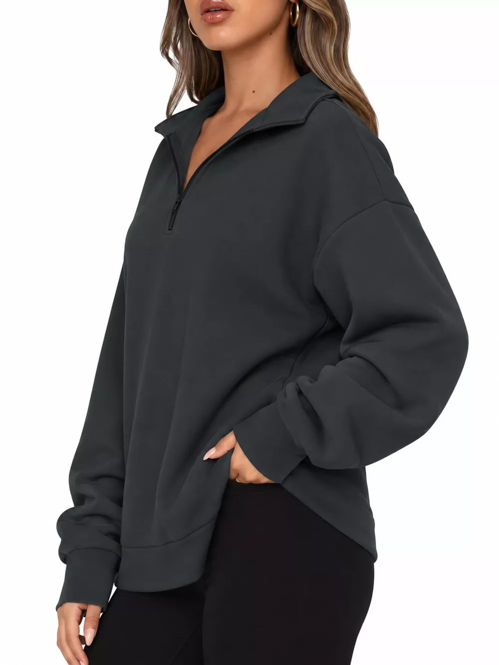 Full Size Quarter-Zip Dropped Shoulder Sweatshirt Plus Size, image 6