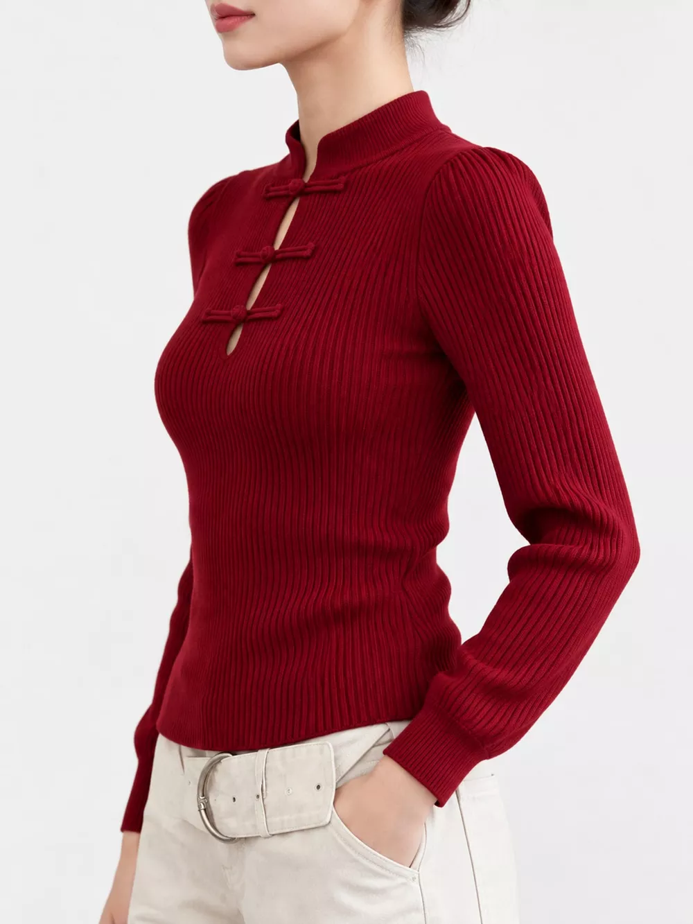 Chinese-Style Button Ribbed Knit Top, image 18