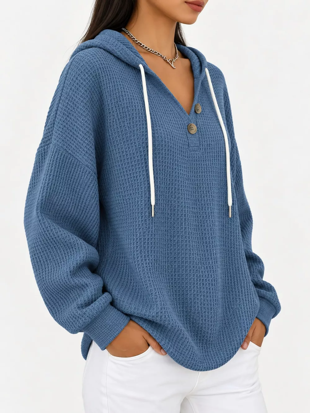 Full Size Waffle Knit Button Detail Hoodie Plus Size, image 46