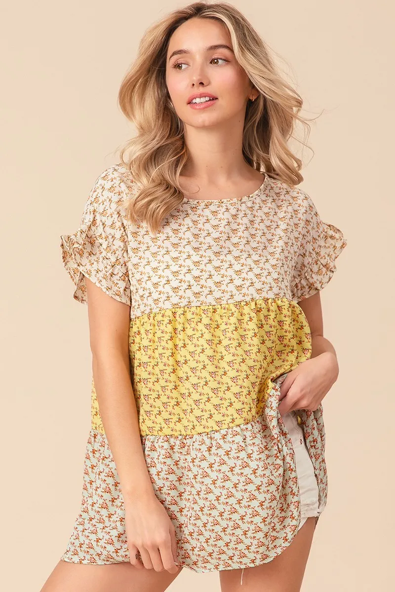 Flroal Printed Woven Color Block and Tiered Top, image 12