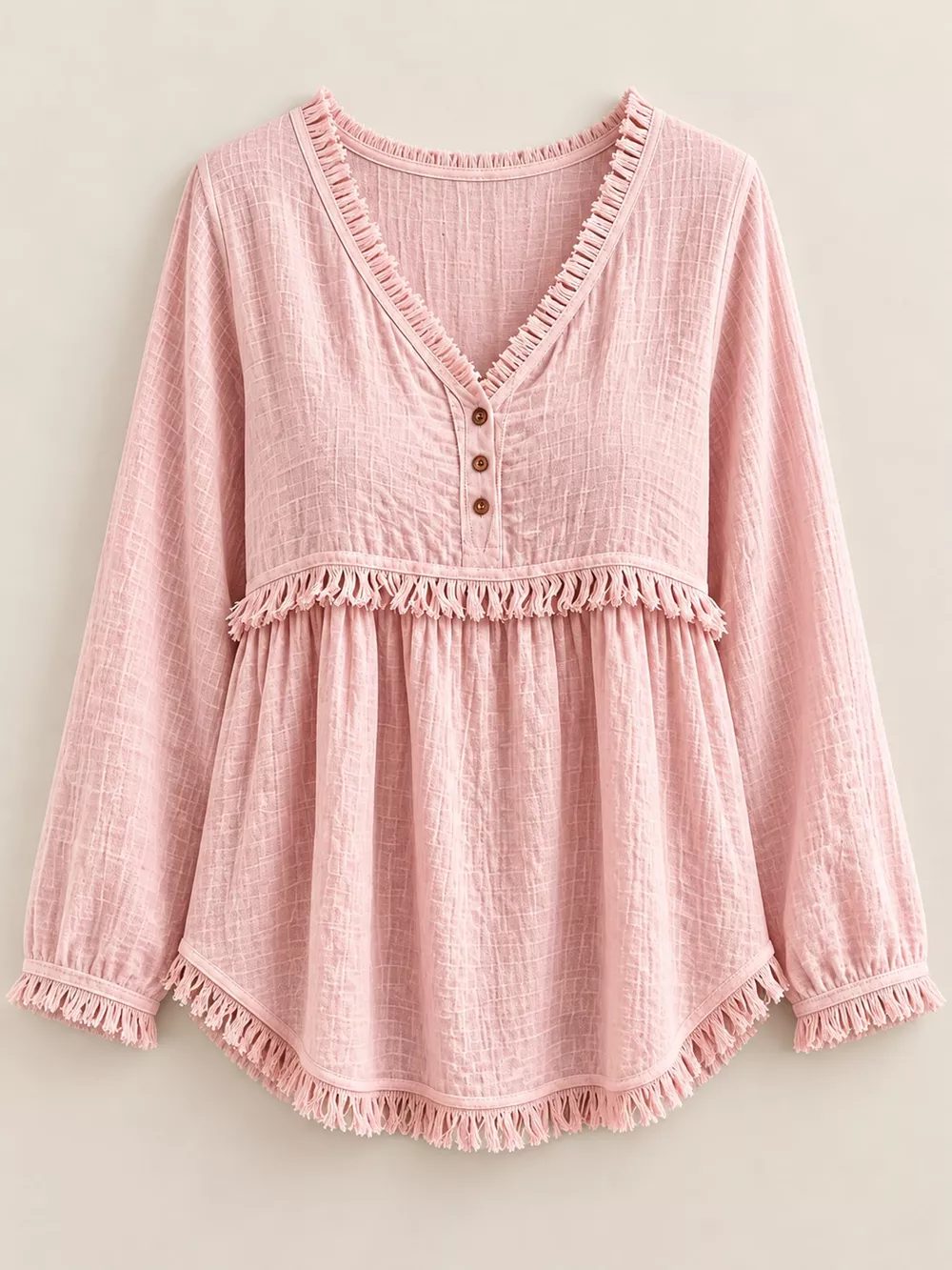 Full Size Fringed Trim V-Neck Long Sleeve Blouse Plus Size, image 47