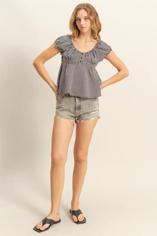 Gingham Scoop Neck Cap Sleeve Blouse, image 4