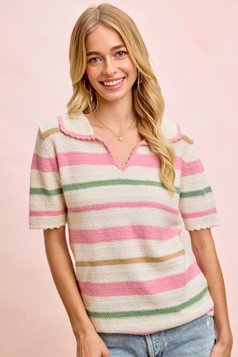 Multi Colors Stripes Collared Knit Top
