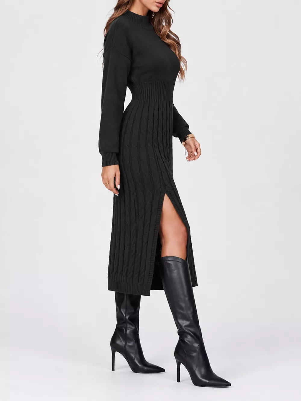 Full Size Mock Neck Cable Knit Sweater Dress with Front Slit Plus Size, image 13