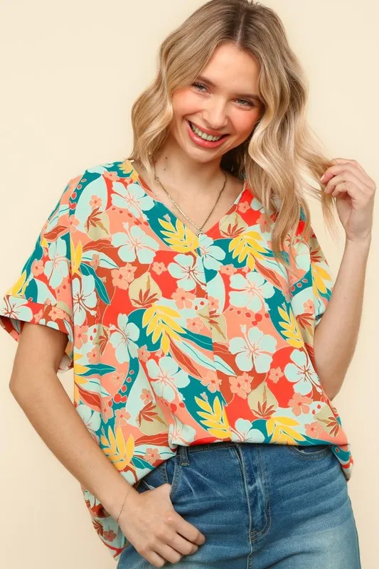 V Neck Drop Shoulder Hawaiian Woven Top, image 4