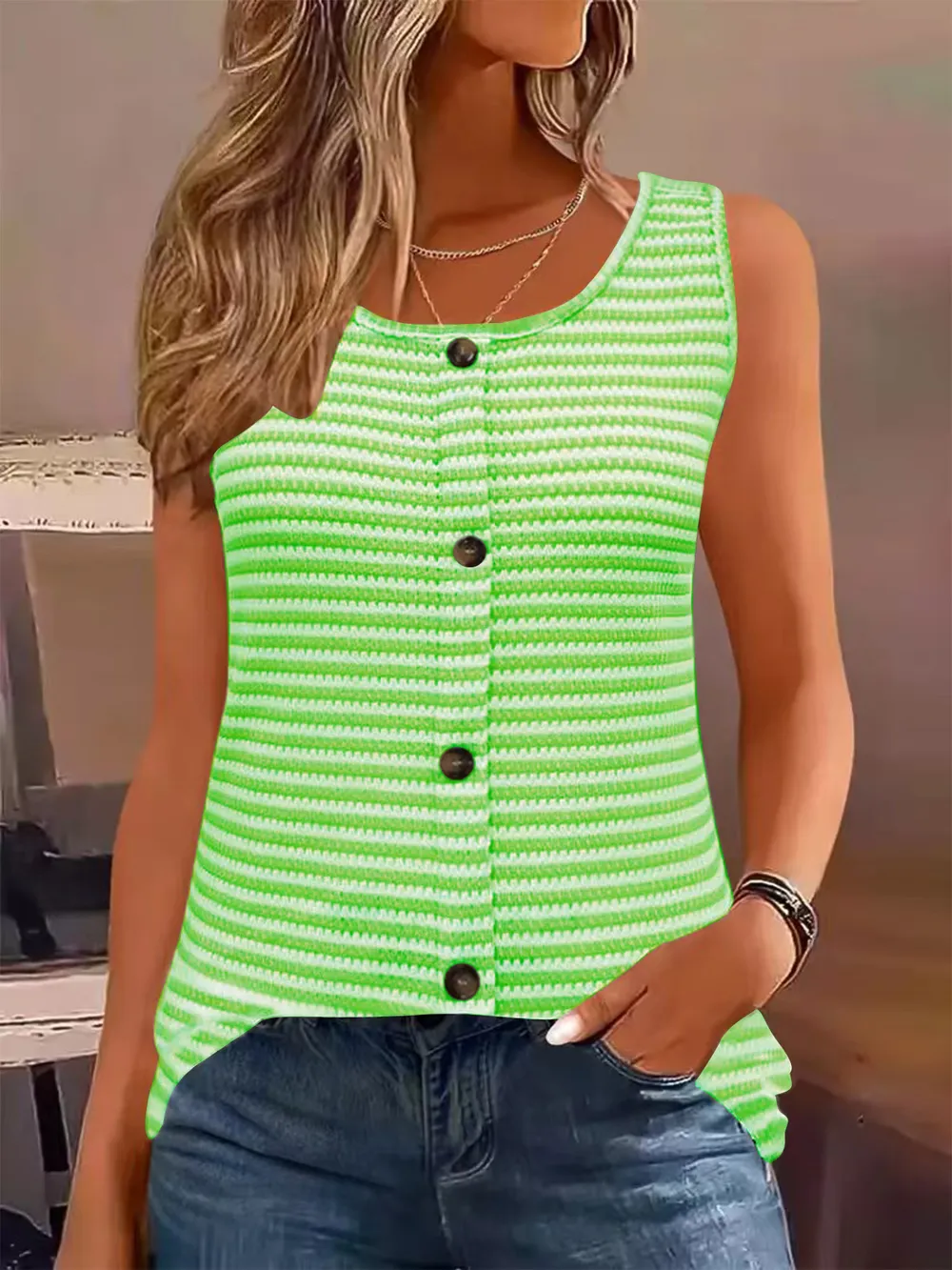 Striped Button Front Knit Tank Top, image 4