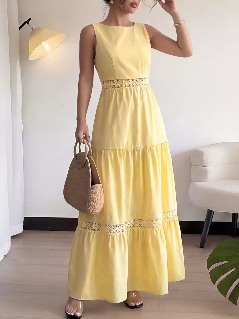 Lace Trim Sleeveless Tiered Maxi Dress, image 3