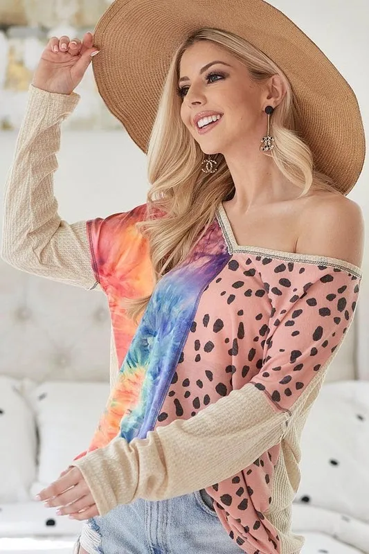 Print Block V Neck Top with Contrast Stitching, image 8