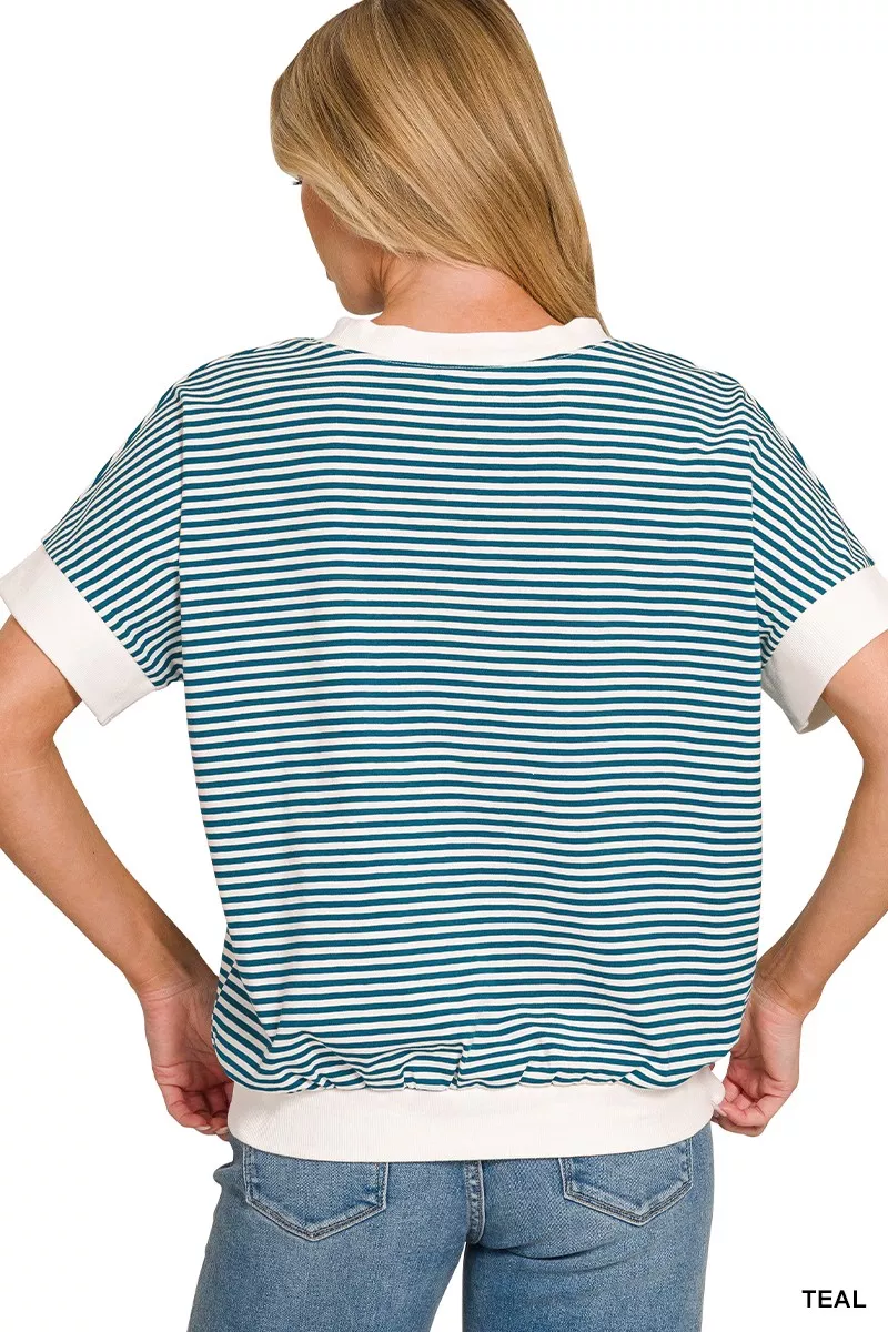 Stripe Contrast Trim Banded Bottom Top, image 2