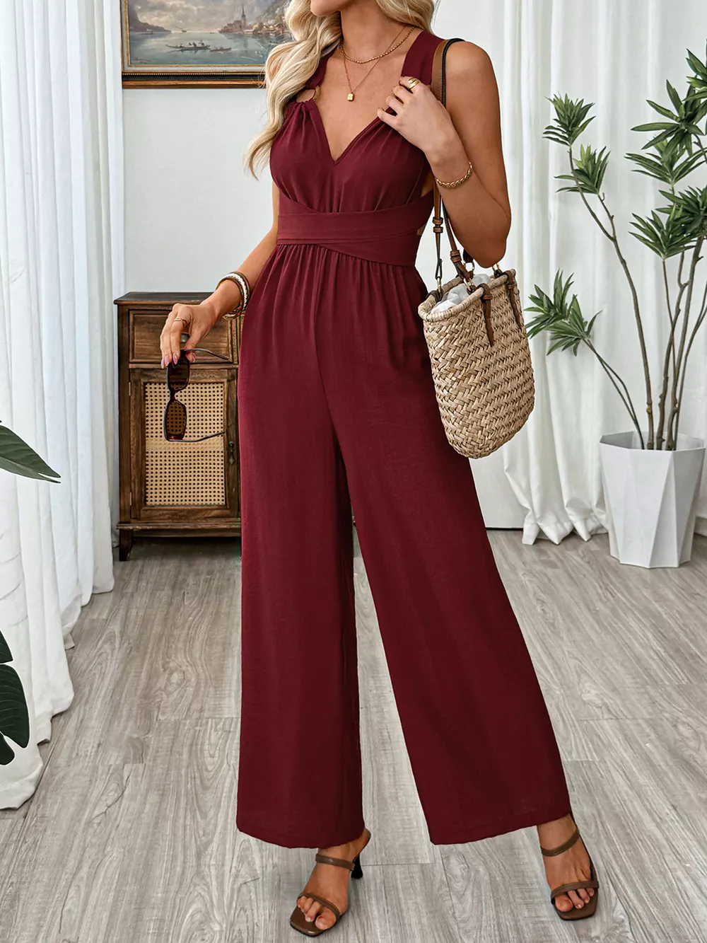 V-Neck Sleeveless Wide Leg Jumpsuit, image 8