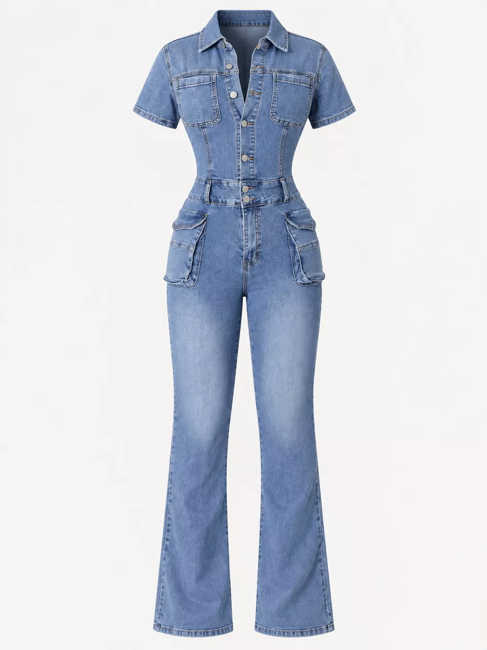 Slim-Fit Denim Jumpsuit with Utility Cargo Pockets and Flared Legs, image 8