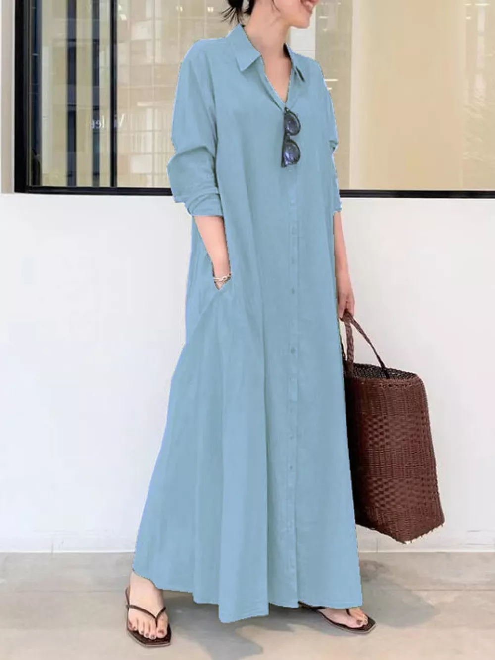 Full Size Button Front Long Sleeve Maxi Shirt Dress Plus Size, image 15
