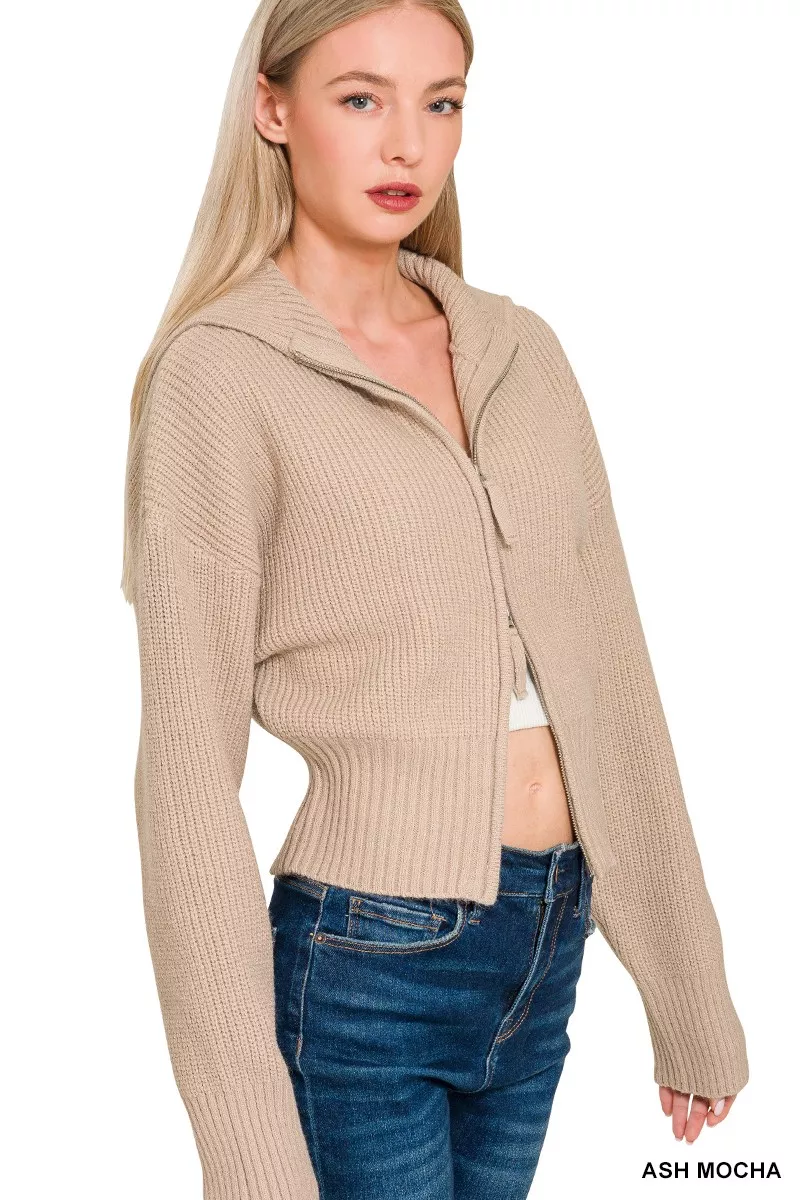 Ribbed Collared Zip Up Sweater Cardigan, image 3