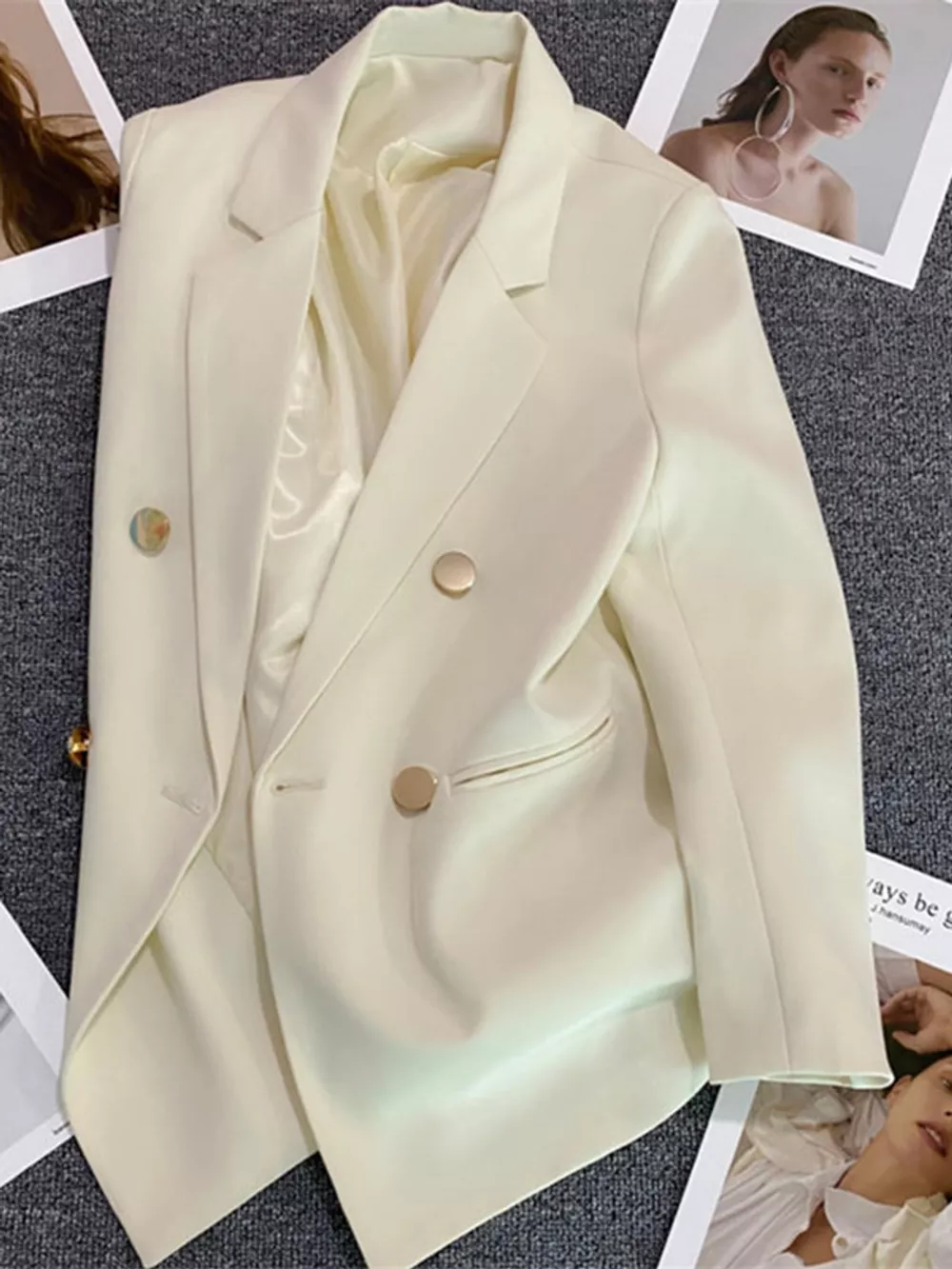 Full Size Minimalist Double-Breasted White Blazer Plus Size, image 55