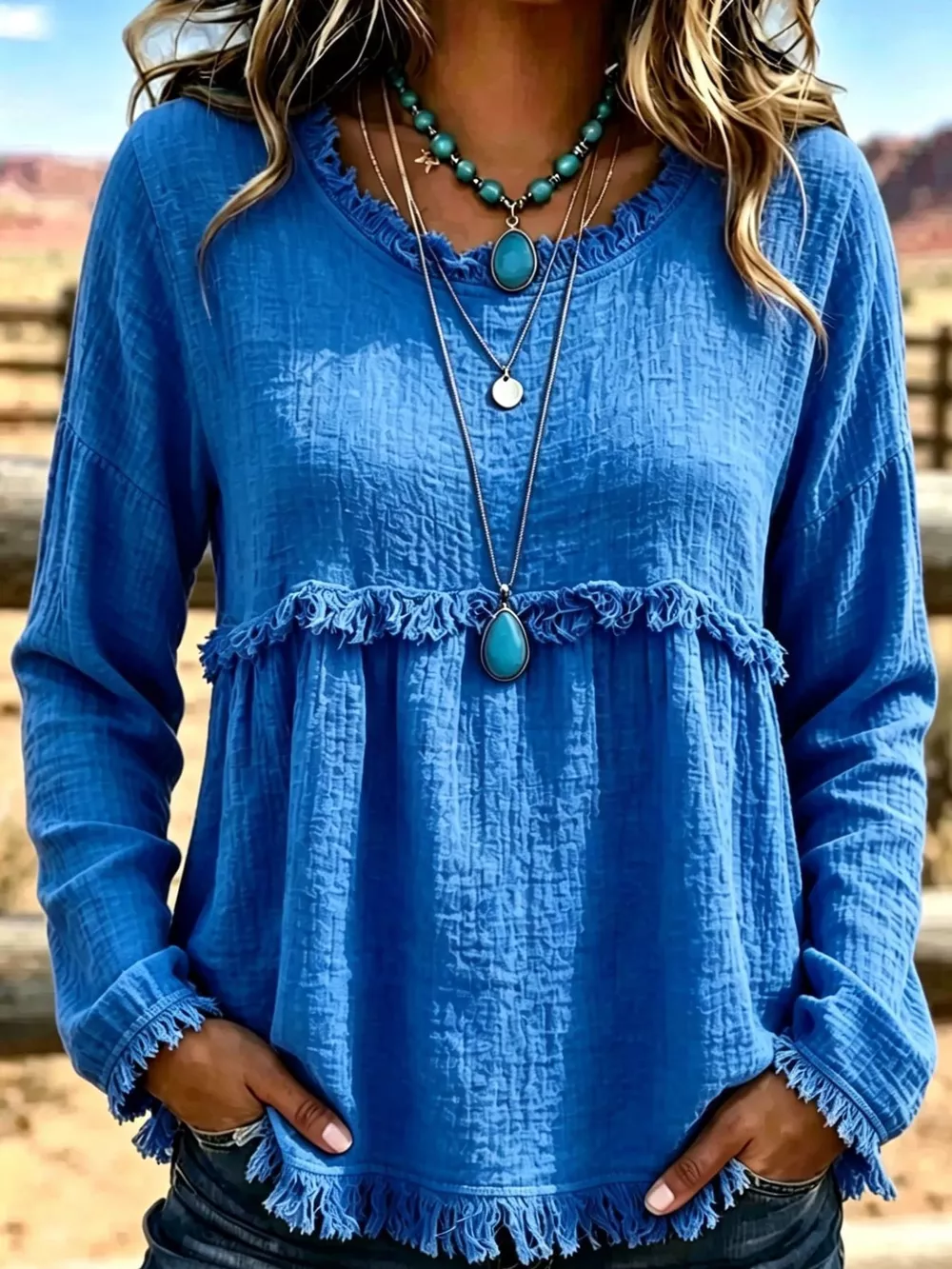 Full Size Frayed Hem Textured Blouse Plus Size, image 27