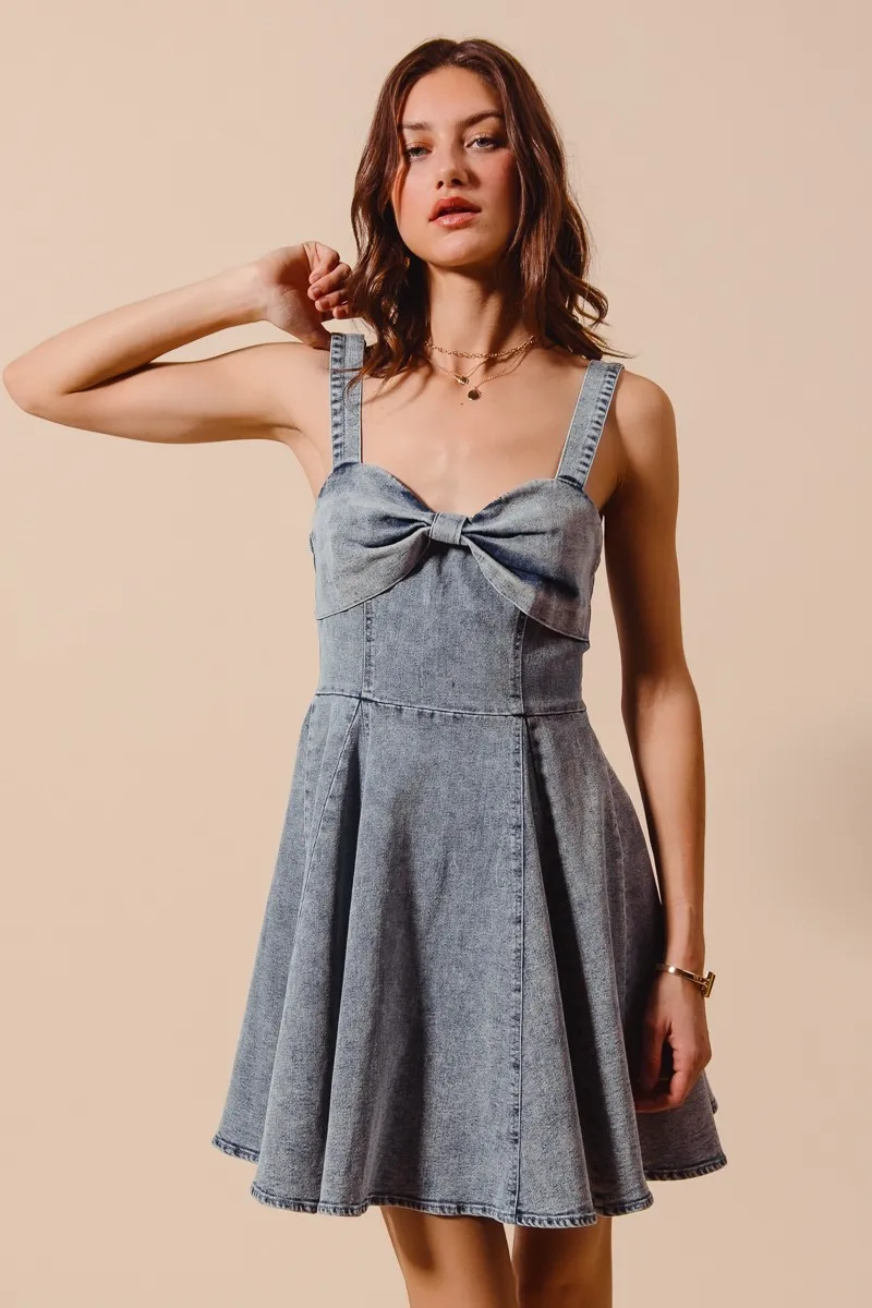 Mineral Washed Bow Ribbon Denim Flare Dress, image 6