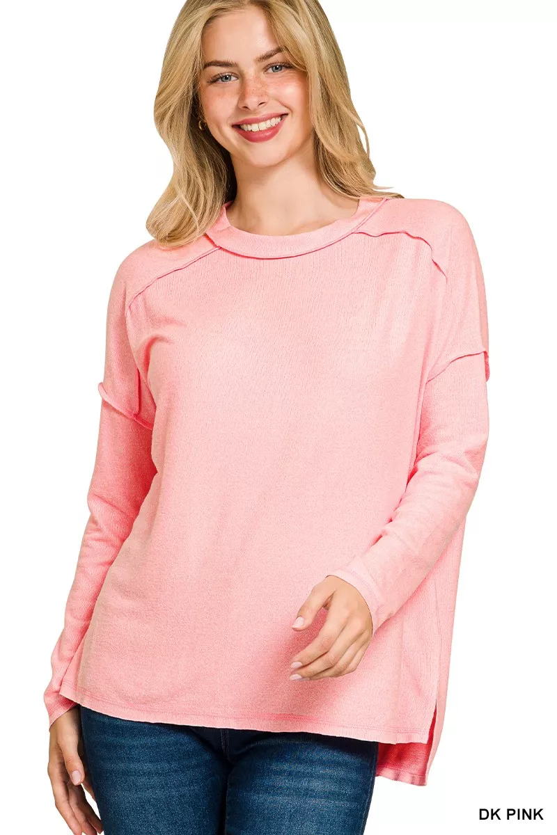 Full Size Melange Hacci Exposed Seam Hi-low Tee Plus Size, image 2