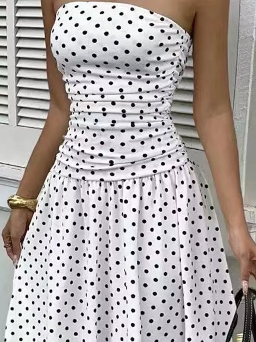 Strapless Polka Dot Ruched Maxi Dress, image 6