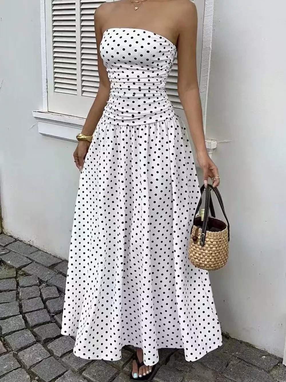 Strapless Polka Dot Ruched Maxi Dress