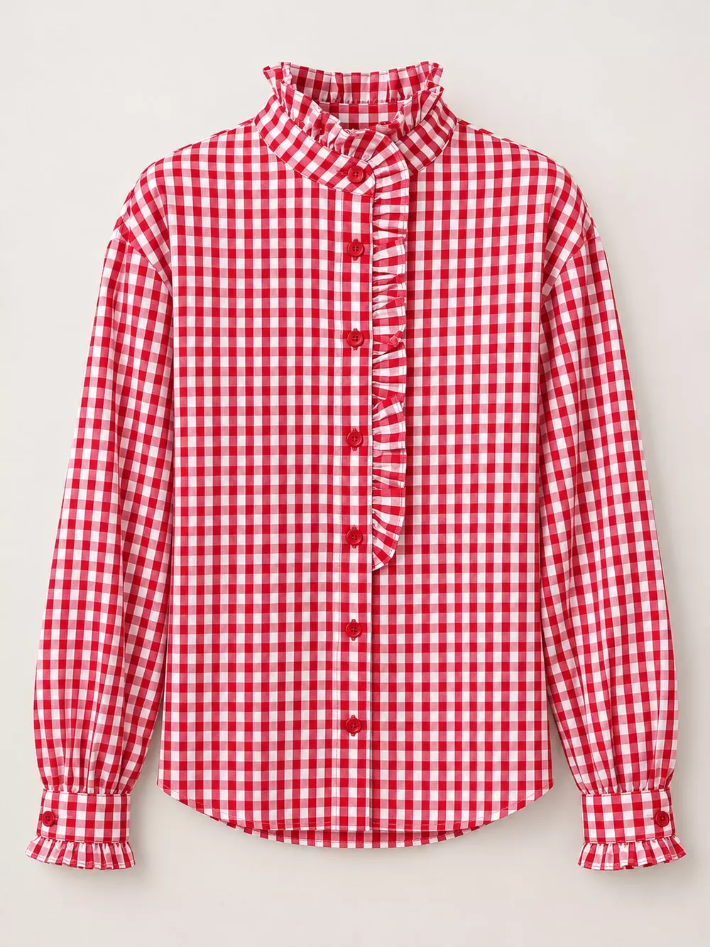 Gingham Ruffle Trim Stand Collar Shirt, image 4