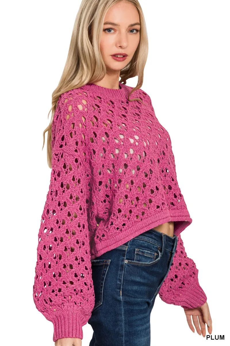 Oversized Cropped Crochet Knit Sweater, image 2
